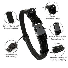 Black Dog Collar Small Dogs – Strong Reflective Adjustable Padded Dogs Collars - Metal Buckle, Aluminium V-ring, Dog Safety