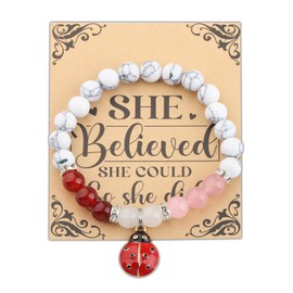PLITI Ladybug Bracelet - Red, Beaded, Heart Shape - She Believed She Could So She Did - Ladybug Lover Gift - 7.67 inches