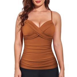coastal rose Womens Underwire Tankini Tops Front Twist V Neck Swim Top Ruched Tummy Control Swimsuit Tops US16 Orange
