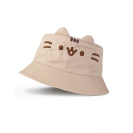 Pusheen Cat Girl Beige Bucket Hat | Novelty Face Design with 3D Ears | Cute Cartoon Accessories | Pusheen Face Cover for Kids | Funny Summer Hat