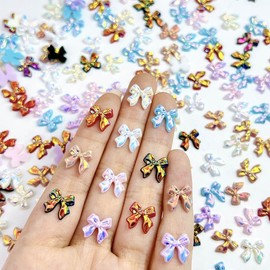 100Pcs Bow Nail Charms 3D Resin Flatback Colorful Bow Nail Rhinestones Resin Nail Gems Bowknot Nail Jewels Cute Bows Nail Art Charms for Women Nails Design DIY Acrylic Nail Decoration Accessories