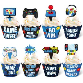 Nuenen 96 Pcs Video Game Cupcake Decoration Game Themed Cupcake Toppers and Wrappers Gamer Birthday Cupcake Picks Game on Cupcake Wrappers Level up Cupcake Decor for Gaming Party Supplies (Blue)