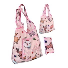 Lucky Lotus (Pack of 2) Cute Durable Nylon Reinforced Reusable Grocery Bag, Tote Bag, Gift Bag,Beach Bag Foldable with Attached Zipper Pouch- Pink