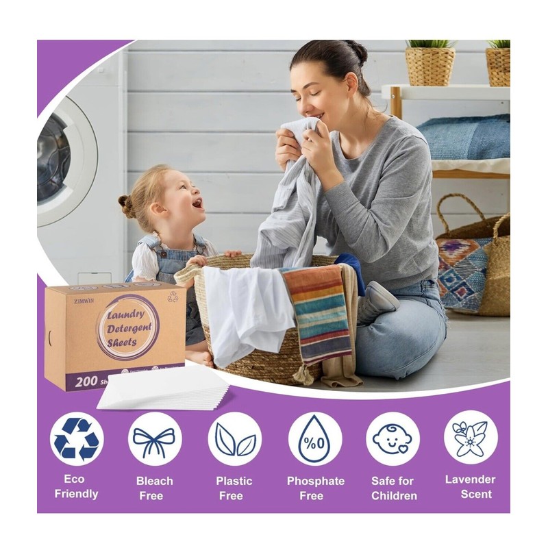 Zimwin Sustainable Laundry Detergent Sheets: Lavender Scent Eco-Friendly 200 Loads