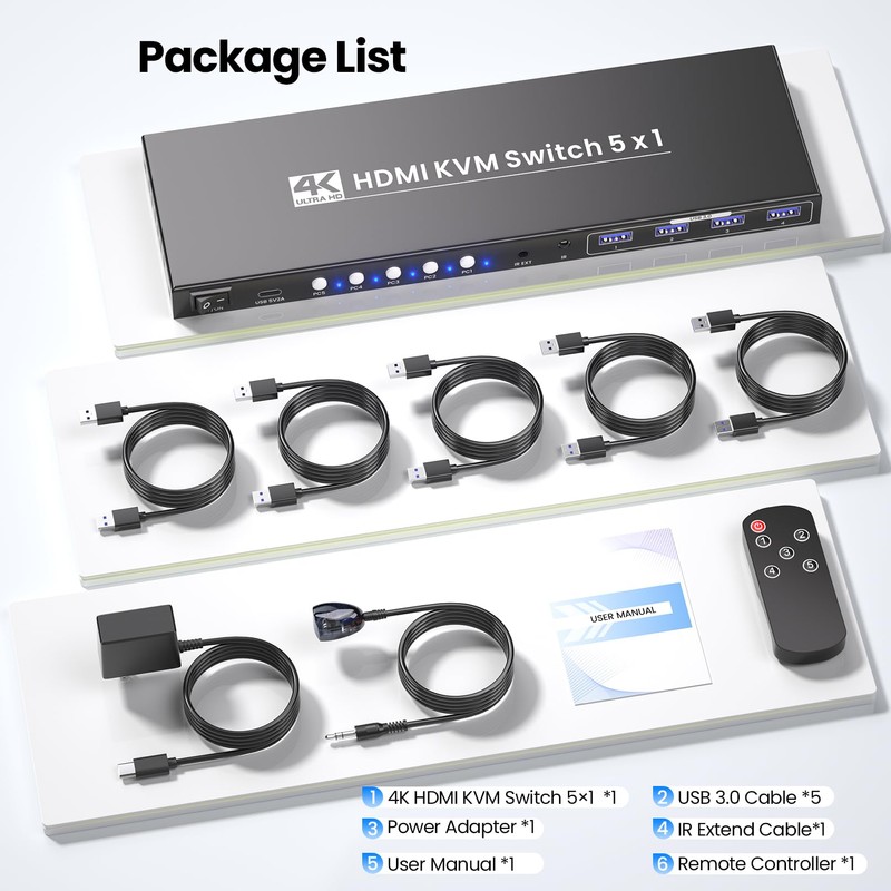 5 Port HDMI KVM Switch, 4K@60Hz USB 3.0 KVM Switch