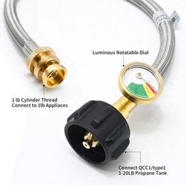 12FT Stainless Braided Propane Adapter Hose with Gauge Propane Tank Hose Adapter 1lb to 20lb Converter for QCC1/Type1 Coleman Camp Stove Buddy Heater Tabletop Grill&More 1lb Portable Appliance