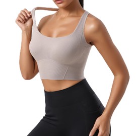 Women Square Neckline Sports Bra Padded Basic Workout Y-Back Racerback Cropped Tank Top (Coffee)