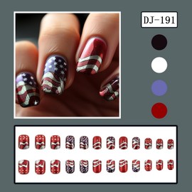 4th of July Press on Nails Bling Short Almond Fake Nails Red Silver Stripe False Nails Designs Independence Day Stars Acrylic Nails Glossy Patriotic DIY Nails Art for Women 24 Pcs