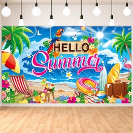 Qpout Summer Party Decorations,Colorful Hello Summer Backdrop Banner,72 x 43 inch Hawaiian Tropical Beach Party Background,Luau Decorations Supplies
