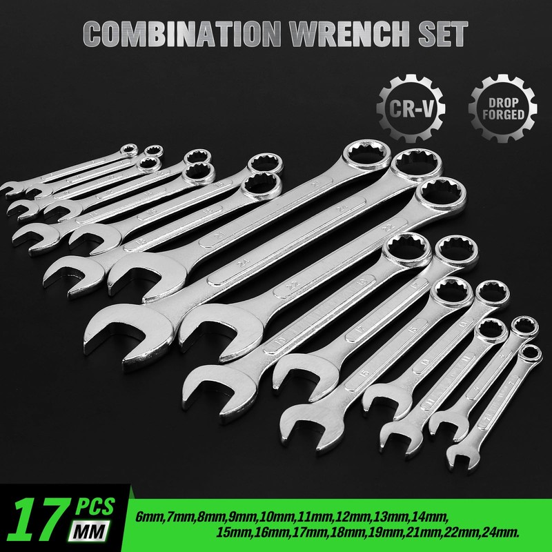 30-Piece Combination Wrench Set, Metric (6mm-24mm) & SAE (1''-1/4"), Standard