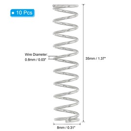 PATIKIL 10pcs 304 Stainless Steel Mechanical Extension Spring 0.8mm Wire Diameter x 8mm Outside Diameter x 35mm Long Compression Spring Assortment Kit for Shop and Home Repair
