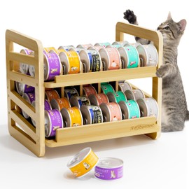 Rolling Bamboo Cat Food Can Organizer, Double-Layer Wet Cat Food Organizer and Wet Cat Food Can Storage, Canned cat food organizer for Countertop Kitchen Cabinet or Pantry Shelf
