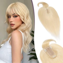 TESS Real Hair Topper Blonde 7 x 13 cm Base Toupee Women's #613 Light Blonde with Fringe Hair Topper Real Hair 38 g 30 cm Hair Topper Clip in Hairpiece Extensions