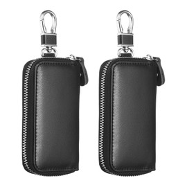 HARFINGTON 2Psc Genuine Leather Key Holder Bag Car Keychain Coin Case Fob Wallet with 6 Metal Hooks Keyring Zipper Bag for Men Women, Black