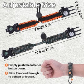 NESAYVER Adjustable Survival Paracord Bracelet, 2 Pack Emergency Fire Starter Kit with Loud Whistle Compass Light Flint Steel for Hiking Fishing Hunting, Tactical Gear Equipment Multitools Cam+Orange