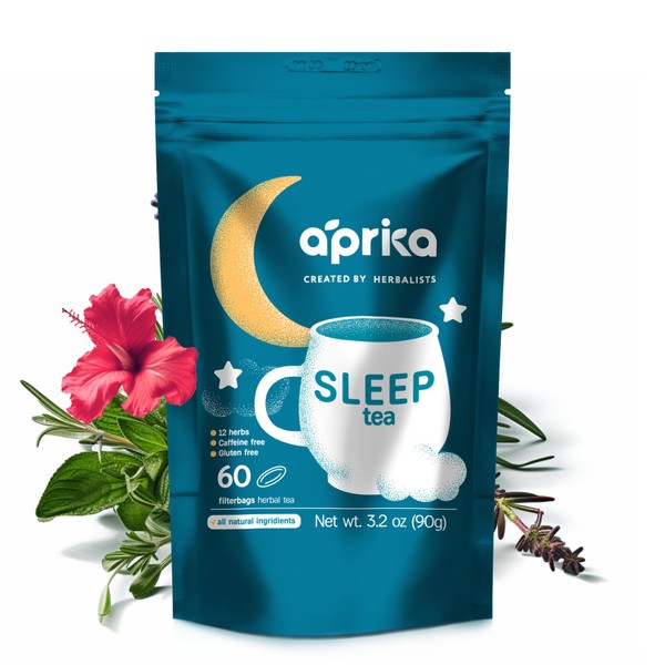 Aprika Life - Sleep Tea with Sleep Guide, 100% Natural Herbal Tea with 12 Herbs Created by Herbalists, Promotes Relaxation, Stress Relief - Restful Sleep - 60 bags