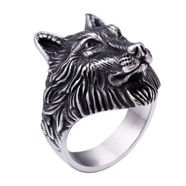 PAURO Men's Stainless Steel Silver Black Vintage Wolf Head Biker Ring Size 12