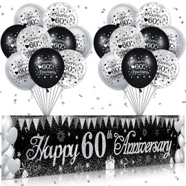 60th Wedding Anniversary Decorations Black Silver Happy 60th Anniversary Yard Banner Sign and 18Pcs 60th Silver Wedding Anniversary Balloons for 60th Silver Wedding Anniversary Party Decorations