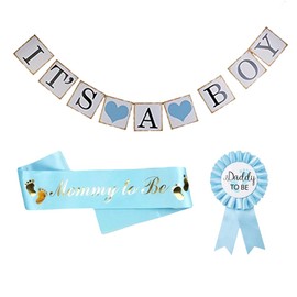 Baby Shower Decoration Set, It's a Boy Banner with Blue Hearts, Mommy to Be Sash and Daddy to Be Pin, Blue