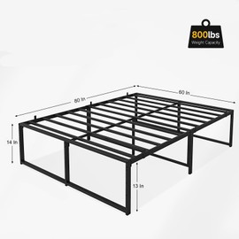 FIORIOM 14 Inch Queen Bed Frame, Metal Platform Bed Frame with Heavy Duty Steel Slat, Queen Size Bed Frame with Storage Space Under Frame, Non-Slip Noise-Free No Box Spring Needed
