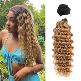 X-TRESS 1b/27 Deep Wave Bundles 1 Ombre Curly Hair Bundles 24Inch Honey Blonde Deep Wave Bundles Remy Brazilian Remy Human Hair Extension Ombre Deep Bundles Wet and Wavy Bundles for Black Women(24Inch,T1B/27)