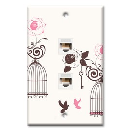 Art Plates - Two Port RJ45 Ethernet decorative printed keystone style wall plate. Works with Cat5 through Cat8 cables. Female to Female Connections. - Bird Cages