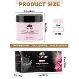 EBANKU Acrylic Nail Powder Set, 2 Colors Pink White Acrylic Powder Professional Nail Acrylic Powder for Nail Acrylic Extension, Nail Carving, Long-Lasting, No Nail Lamp Needed, 2.1 oz