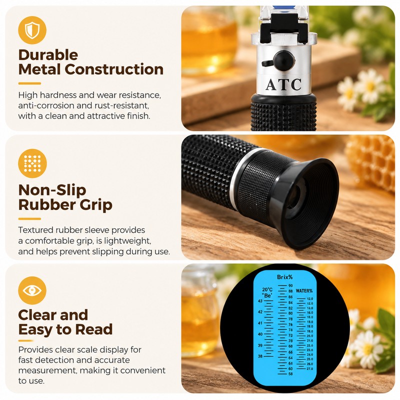Handheld Honey Refractometer for Testing Honey Quality – 3-in-1 Brix,