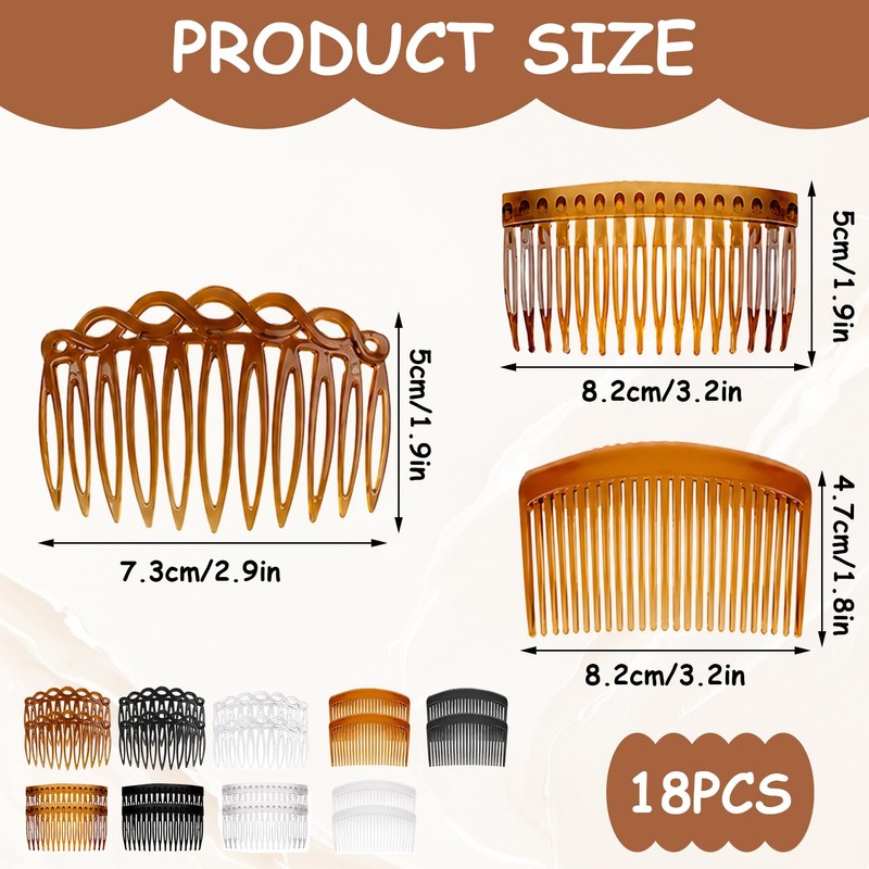 18 x Hair Combs, Black, White, Dark Brown, Achieve a