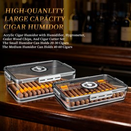Cigar Humidor Clear Acrylic Humidor Spanish Cedar Plank, Cigar Case Plastic Portable Airtight Container with Hygrometer, Humidifier, Cigar Cutter, V-Cutter, Punch for Men Holds 40-60 Cigars (Medium)