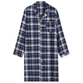 Latuza Men's Cotton Flannel Nightshirt Button Down Sleep Shirt L Blue
