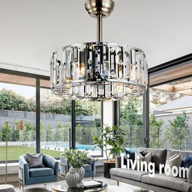 FINE MAKER 18" Crystal Ceiling Fan with Light Remote Control, Industrial Enclosed Bladeless Fandelier Ceiling Fan 3 Speeds Silver Caged Flush Mount Chandelier Fan for Farmhouse Dinning Room