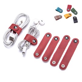Leather Cord Organizer 4-Pack Premium Cowhide Cable Winder for Earphones, USB Cables, Wires Tangle Free Storage with Snap Closure, 6 Colors Stocking Stuffers, Gifts for Men Women (Red)