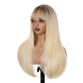 Cool Platinum Blonde Glueless Lace Front Wig For Women | 26 Inch Long Straight Layered Synthetic Wig With Curtain Bangs | Heat Resistant, Wear & Go, No Glue Needed | Cosplay & Daily Use