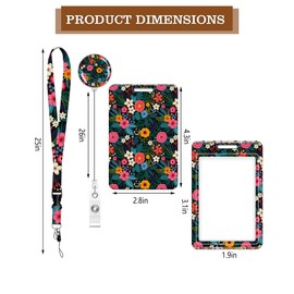 BLOCIT ID Badge Holder with Lanyard and Retractable Badge Reel Clip, Cute Card Name Tag Lanyard Vertical ID Protector Bage Clips for Nurse Doctor Teacher Student（Colorful Flowers and Leaves）
