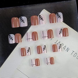 Short press on nails, cute fake nails square false nails black leaves line design spring summer stick on nails pink brown acrylic nails short glue on nails full cover glossy artificial nails