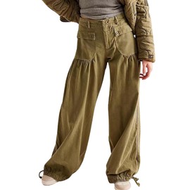 yoeasy Women's Lotus Tube Jeans Mid Rise Baggy Wide Leg Barrel Jeans Ruffle Pleated Denim Pants with Drawstring (X-Large, Green)