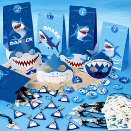 Winrayk Shark Party Favors Birthday Supplies for Kids, Tooth Necklace Paper Bag Mask Button Pin Glow Tattoo Sticker Keychain, Summer Beach Under the Sea Goodie Bag Stuffers Shark Birthday Party Decor