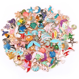 MARFOREVER 120 Pcs Gifts for Women Mom Ocean Themed Charms Assorted Gold Enamel Charm Starfish Seashell Marine Pendants for DIY Necklace Bracelet Jewelry Making and Craftin
