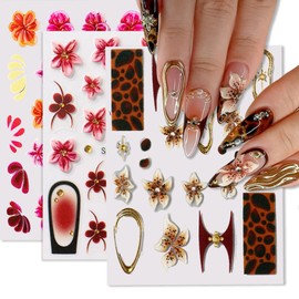 Fall Nail Art Stickers 3 Sheets Floral Self-Adhesive Nail Decals Leopard Print Gold Curve Line Flower Designs Nail Decorations Fall DIY Manicure Supplies for Women Girls