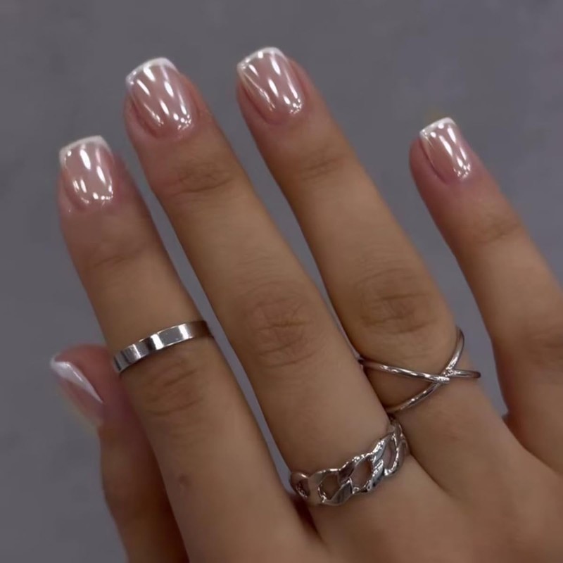 24 Uñas Postizas Cuadradas Con Punta Francesa, Uñas Postizas Con