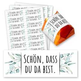 Schön, dass du da bist sticker, pack of 60, guest gift suitable for kisses, eucalyptus, rectangular, dv_1424