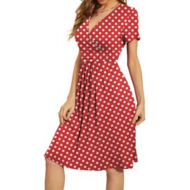 WEACZZY Women Summer Casual Short Sleeve Dresses Empire Waist Dress with Pockets,White Dot Red,M