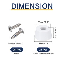 Uxcell 24pcs Round White Synthetic Rubber Non-Slip Feet for Cutting Board, Barbecue Cheese Plate (0.5" H x 1" D)