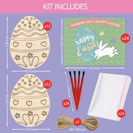 Jekocet ㅤ Easter Party Favors 24 Pcs Wooden Easter Eggs to Paint Crafts with Cards for Easter Decorations and Basket Stuffers
