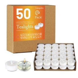 Linegohts Unscented Clear Cup Smokeless Tea Lights - 50 Pack White Palm Tealight Candles - 4+ Hour Burn Time - Clean-Burning Votive Tealights Candles for Home, Shabbat & Anniversaries (50 Pack)