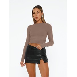 AUTOMET Womens Long Sleeve T-Shirts Trendy Basic Fitted Compression Going Out Crop Tops Fall Fashion Y2K Clothes 2025 Outfits Coffee Grey S