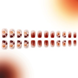 Thanksgiving Press on Nails Short Square Fake Nails Maple Leaves Design Stick on Nails Red French Tip False Nails Glitter Full Cover Acrylic Glue On Nail for Women Girl Nail Art Decoration 24Pcs