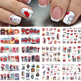 Valentine's Day Nail Stickers Love Heart Red Lips Eiffel Tower Water Transfer Nail Decals Holographic Art Sticker Decal Romantic Lover Nail Art Design for Women Manicure Decoration Nail Art Decal