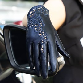 FIORETTO Womens Genuine Leather Driving Gloves Touchscreen Unlined Sheepskin Ladies Driving Gloves Thin Navy Blue X-Large